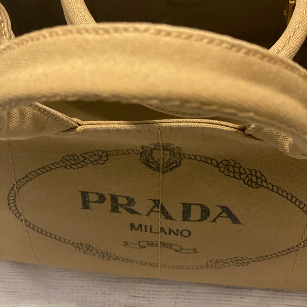 Prada linen shopping bag 13X8x. Good condition. Very clean  Tan.  Side pockets - Picture 11 of 16